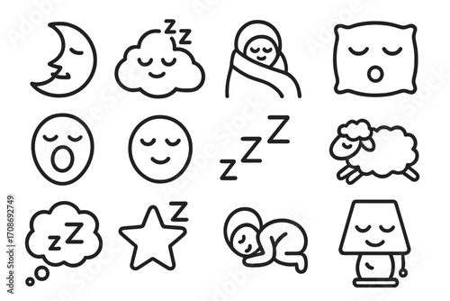 Dreamy Sleep Icons. Line style icons of dream and sleep emoticons: moon face, sleep cloud, blanket snuggle, pillow sigh; yawning