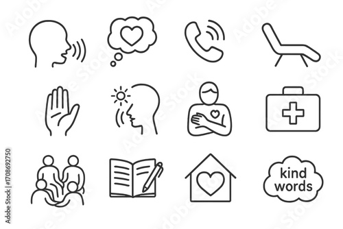 Mental Health Icons. Line style icons of mental health support: talking head icon, thought bubble heart, support hotline, therapy