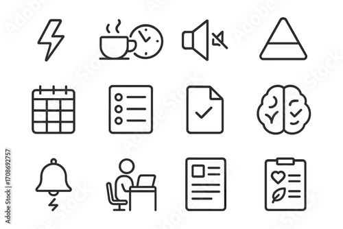 Productivity Icons. Line style icons of productivity boosters: energy icon, coffee and clock, silence mode, priority triangle;