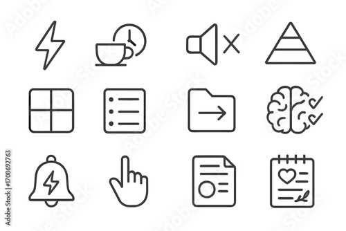 Productivity Icons. Line style icons of productivity boosters: energy icon, coffee and clock, silence mode, priority triangle;