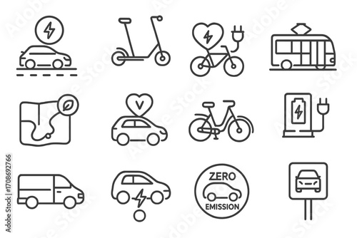 Sustainable Transport Icons. Line style icons of sustainable transport: EV on road, electric scooter, EV bus, bicycle with plug;