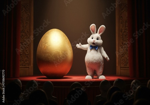 Golden Egg Spectacle: A charming Easter bunny, adorned in a bow tie, stands beside a colossal golden egg on a stage, captivating an audience in a theater.