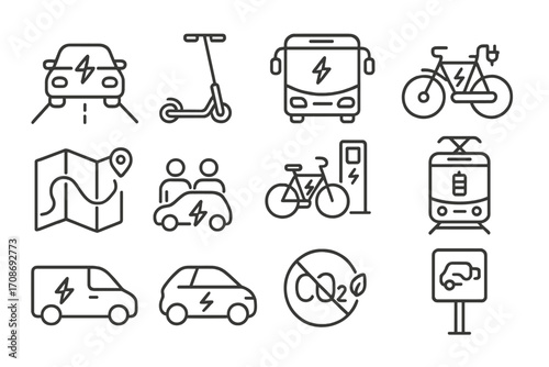 Sustainable Transport Icons. Line style icons of sustainable transport: EV on road, electric scooter, EV bus, bicycle with plug;