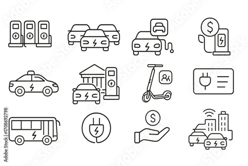 EV Service Icons. Line style icons of public EV services: community EV chargers, fleet EV icons, car rental electric,