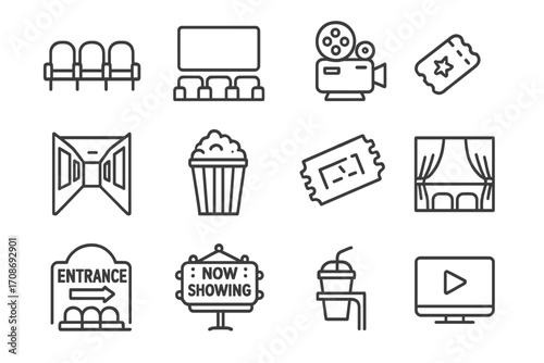 Cinema Line Icons. Line style icons of cinema environment: theater seats, big screen, film projector, hallway with posters;