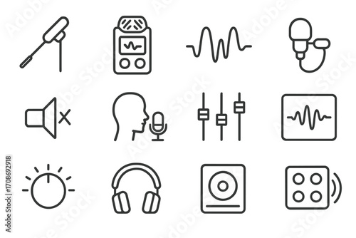 Audio Icon Set. Line style icons of voice and audio: boom mic pole, sound recorder, wave form, lavalier mic; mute icon, voiceover