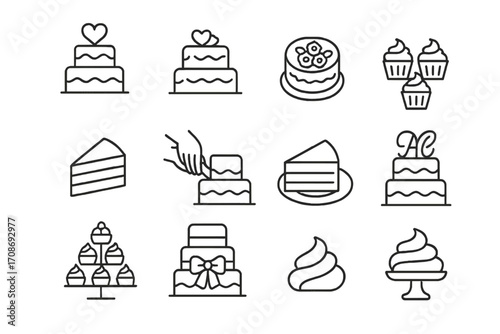 Wedding Cake Icons. Line style icons of wedding cakes: tiered cake, heart topper, floral-decorated cake, mini cupcakes; cake slice