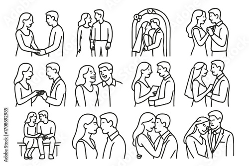 Romantic Couple Icons. Line style icons of couple moments: holding hands, walking together, kissing under arch, dancing close;