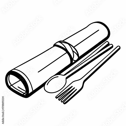 Rolled napkin with a tie and cutlery set including a spoon fork and chopsticks in black and white line art
