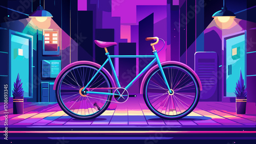 Bright neon bicycle parked against a violet city wall under glowing streetlights, creating a bold and unexpected color harmony.
