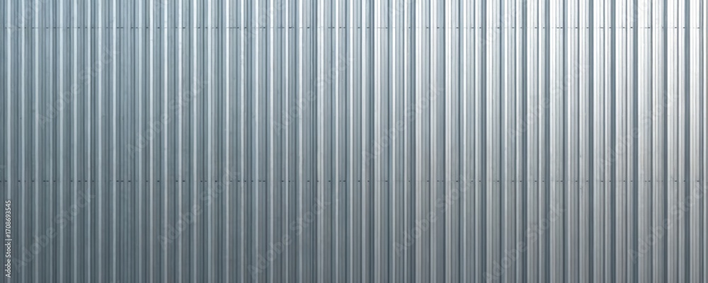 Fototapeta premium Corrugated aluminum sheet metal facade texture. Silver, galvanized surface with vertical lines, geometric pattern. Modern, industrial building material, construction, architecture element. Metallic,