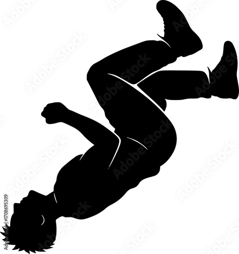 Black and white vector silhouette of a traceur performing a front flip — dynamic parkour action perfect for urban sports and motion-themed designs.