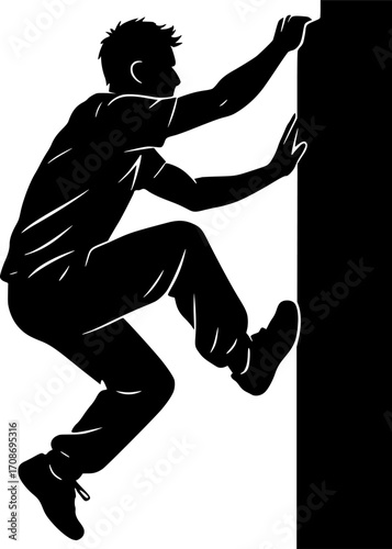 Black and white vector silhouette of a traceur climbing a wall — dynamic parkour action ideal for urban sports and adventure-themed designs.