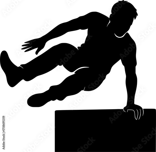 Black and white vector silhouette of a traceur performing a lazy vault — dynamic parkour action ideal for urban sports and motion-themed designs.