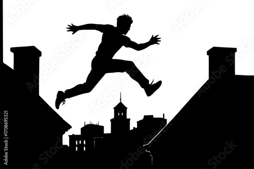 Minimalist black and white vector of a parkour athlete jumping between rooftops, sleek silhouette illustration for sports posters, urban training visuals, extreme sport graphics, and modern design.