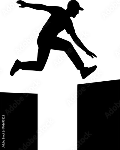 Minimalist black and white silhouette of a freerunner vaulting a gap with one hand, clean vector design for parkour posters, urban sport graphics, and dynamic motion illustrations.