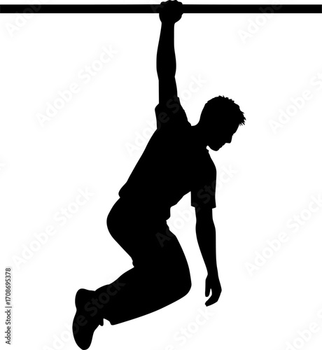 Black and white vector silhouette of a traceur hanging by one hand — striking parkour action ideal for urban sports and dynamic movement designs.