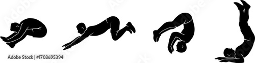 Black and white vector silhouettes of four athletes performing synchronized dive rolls — dynamic parkour motion ideal for sports, fitness, and action-themed designs.