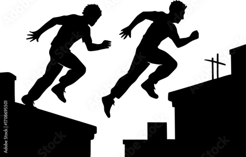 Minimalist black and white silhouettes of two traceurs racing along rooftop edges, sleek vector illustration for parkour, urban sport, and dynamic motion graphics.