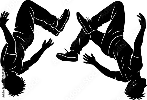 Minimalist black and white silhouettes of two traceurs performing synchronized flips, sleek vector illustration for parkour, urban sport, and dynamic motion graphics.