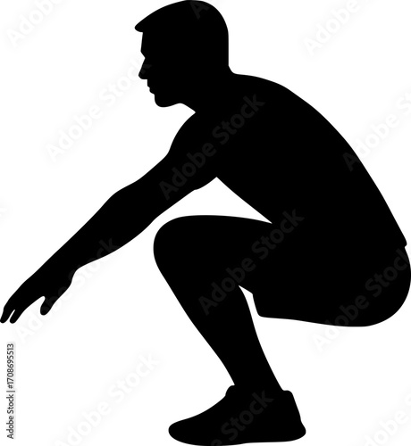 Minimalist black and white vector silhouette of a freerunner crouched before a jump, sleek composition for parkour, urban sport, and dynamic motion graphics.