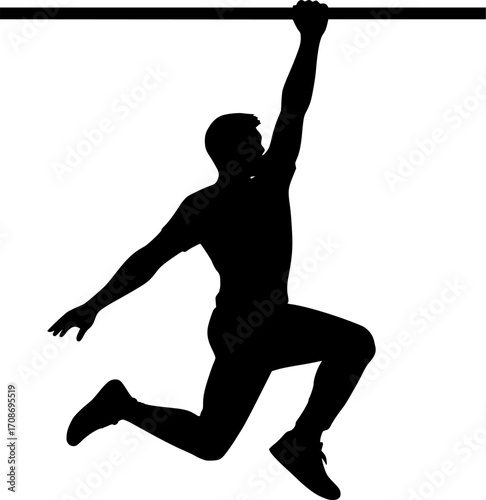Minimalist black and white vector silhouette of a freerunner swinging on a bar, clean composition for parkour, urban sport, and dynamic motion graphics.