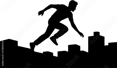 Minimal vector silhouette of a freerunner sprinting across rooftops — sleek parkour action ideal for urban sports and dynamic design projects.