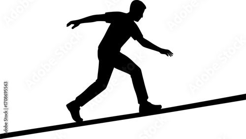 Minimalist black and white silhouette of a parkour athlete balancing on a thin railing, sleek vector illustration for urban sport, freerun, and dynamic motion graphics.