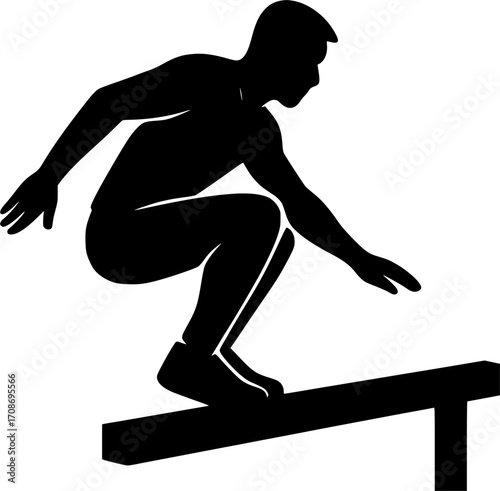 Minimalist black and white silhouette of a parkour athlete performing a precision jump landing on a narrow beam, sleek vector illustration for urban sport and freerunning design.