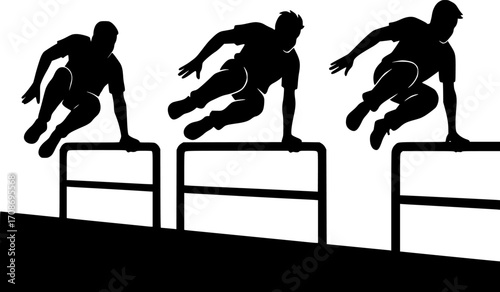 Minimalist black and white silhouettes of three freerunners vaulting over rails in sequence, dynamic parkour motion, clean vector illustration for urban sport and freerunning design.