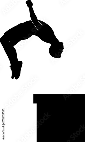 Minimalist black and white silhouette of a parkour athlete performing a backflip off a ledge, sleek vector illustration for urban sport, freerun, and dynamic action visuals.