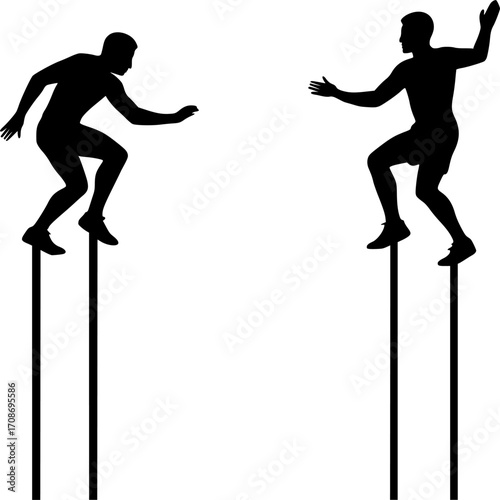 Minimalist black and white silhouettes of two athletes balancing on high poles, showcasing control, strength, and precision in parkour, clean vector art for urban sport design.