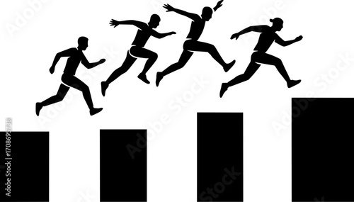 Minimalist black and white vector of four parkour runners leaping across gaps together, sleek silhouette illustration for urban sport posters, extreme action visuals, and dynamic motion graphics.