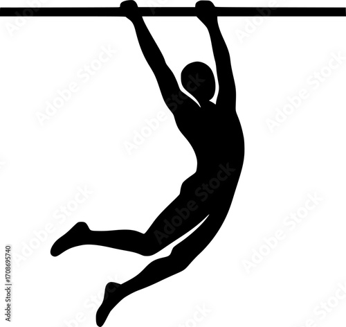 Minimalist black and white vector of an athlete swinging on a bar, sleek silhouette illustration for parkour posters, urban sport visuals, and dynamic motion graphics.