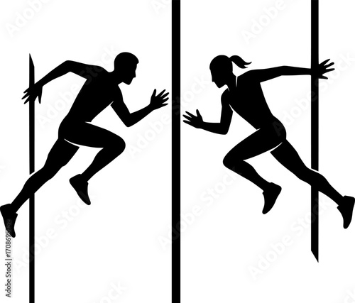 Minimalist black and white vector of two athletes crossing each other while wall running, sleek silhouette illustration for parkour posters, urban sport visuals, and dynamic motion graphics.