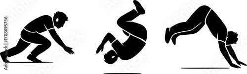 Minimalist black and white vector of three freerunners performing dive rolls in a row, sleek silhouette illustration for parkour posters, urban sport visuals, and dynamic motion graphics.