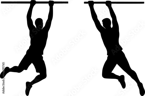 Minimalist black and white vector of two freerunners catching a bar in mid-air, sleek silhouette illustration for parkour posters, urban sport visuals, and dynamic motion graphics.