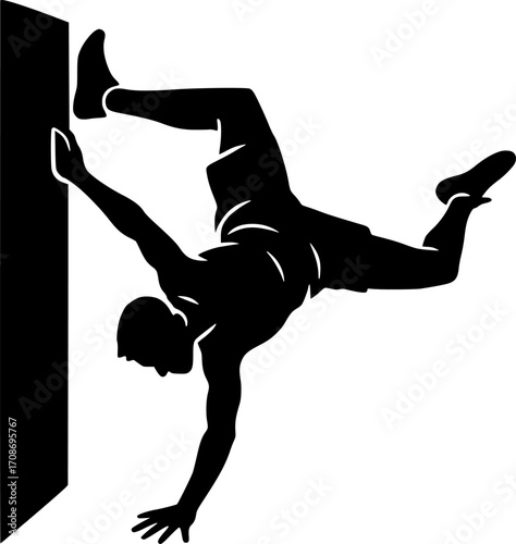 Minimalist black and white vector of an athlete performing a wall spin, sleek silhouette illustration for parkour posters, urban sport visuals, and dynamic motion graphics.