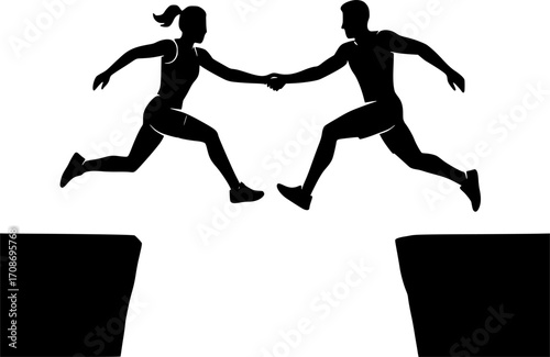 Minimalist black and white vector of two athletes leaping across a gap hand in hand, sleek silhouette illustration for parkour posters, urban sport visuals, and dynamic motion graphics.