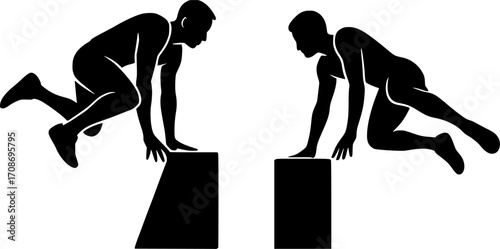 Minimalist black and white vector of two athletes performing reverse vaults opposite each other, sleek silhouette illustration for sports posters, parkour training visuals, and modern graphic design.