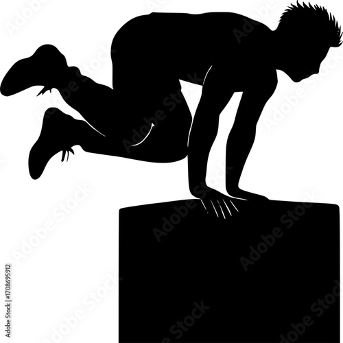 Black and white vector silhouette of a freerunner performing a kong vault — dynamic parkour action ideal for urban sports and motion-themed designs.