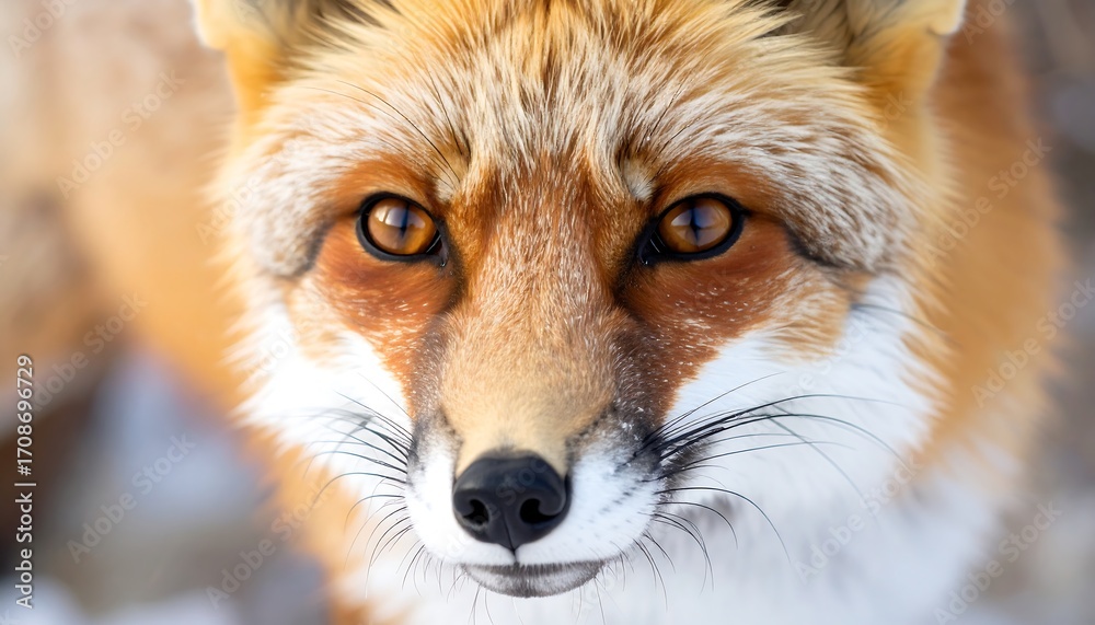 Fototapeta premium Close-up of a fox's face, showing amber eyes, orange fur, and white muzzle in natural light