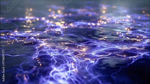 Electric dreams dance in liquid night a luminous convergence of energy with bokeh lights and shallow