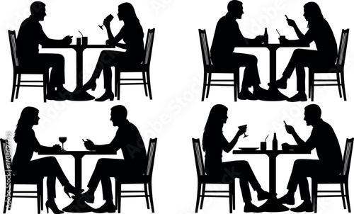 Couple silhouettes dining together in café setting, romantic interaction, social conversation, restaurant scene, black vector illustration for lifestyle concept