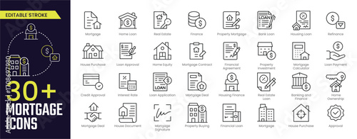 Mortgage Stroke icon collections. Containing Home Loan, Real Estate, Finance, Loan Application, Property, Investment, and Loan Application icons. Editable Stroke icon collection Outline icon