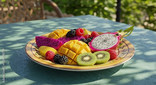Vibrant tropical fruit platter bursting with mango, dragon fruit, kiwi, raspberries, and blackberries