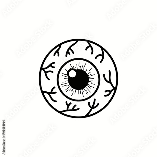 Stylized Black and White Illustration of a Diseased Eyeball with Visible Blood Vessels