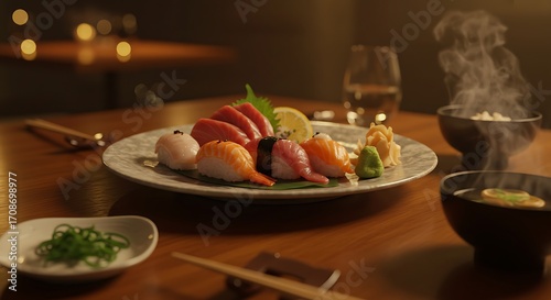 Elegant sushi platter and steaming soup create a cozy, inviting dining experience with warm ambiance
