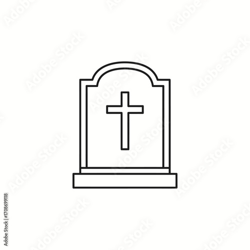 Simple Outline Gravestone with Cross Icon, Funeral Memorial Symbol, Christianity Concept