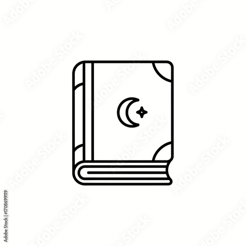 Islamic Holy Book or Quran Icon with Crescent Moon and Star, Religious Symbol Outline